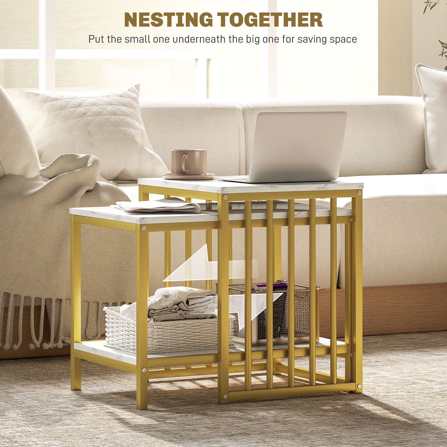 Modern Coffee Table Set of Two w/ Steel Frame Marble-Effect Gold Tone