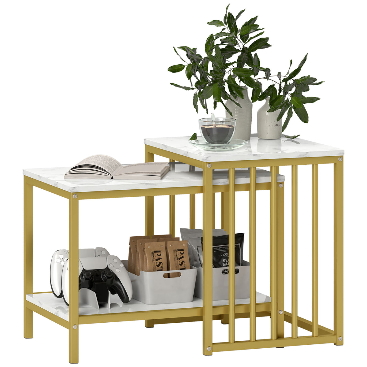 Modern Coffee Table Set of Two w/ Steel Frame Marble-Effect Gold Tone
