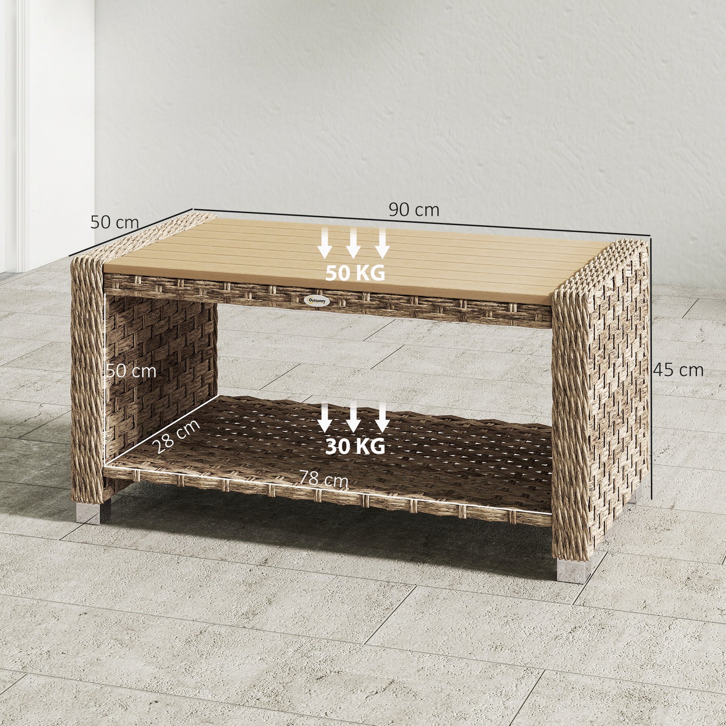 Outdoor Coffee Table with Storage Shelf and Slatted Top, Light Brown