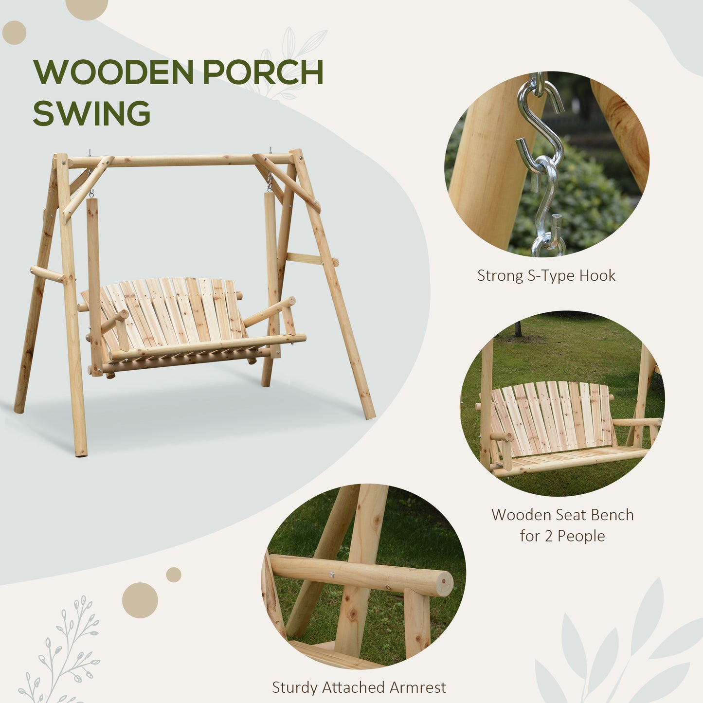 Outdoor 2 Seater Porch Swing Wooden Rustic Patio Bench w/ Armrest