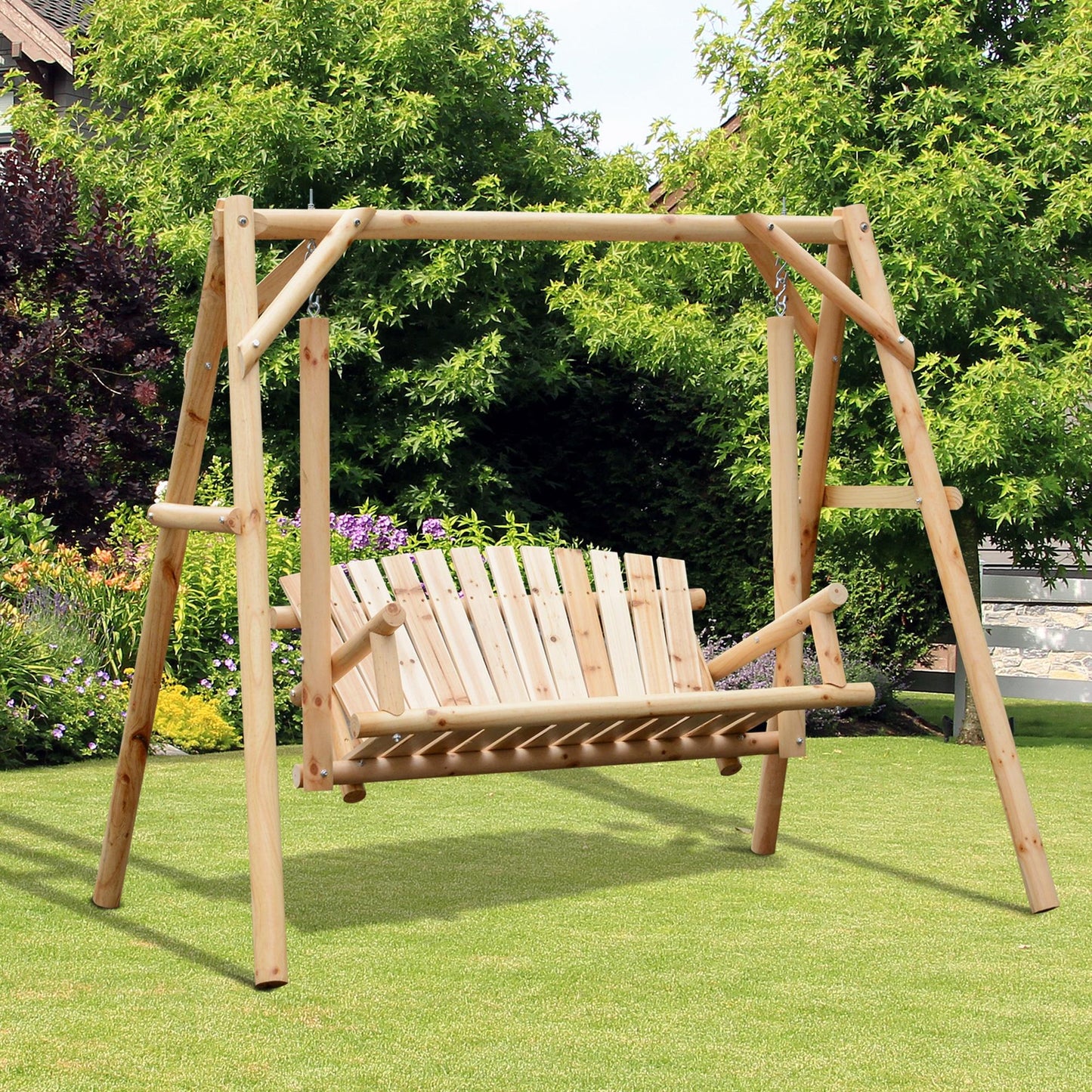 Outdoor 2 Seater Porch Swing Wooden Rustic Patio Bench w/ Armrest