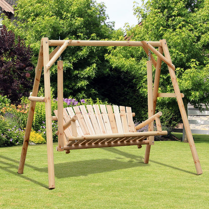 Outdoor 2 Seater Porch Swing Wooden Rustic Patio Bench w/ Armrest