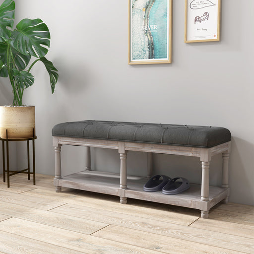 2 Tier Shoe Rack Bench with Button Tufted Upholstered Cushion, Vintage Bed End Bench, Wooden Window Seat for Hallway, Living Room, Bedroom-Grey