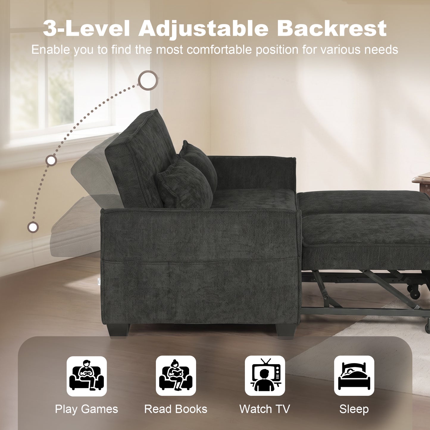 2 Seater Sofa Bed, 4-in-1 Convertible Pull Out Sleeper Sofa, Black