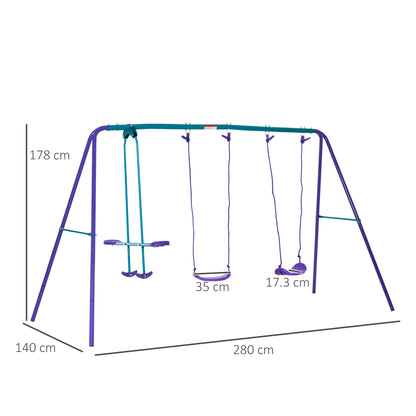 Height Adjustable Metal Swing Set with Glider, Two Swing Seats and Adjustable Height, Outdoor Heavy Duty A-Frame