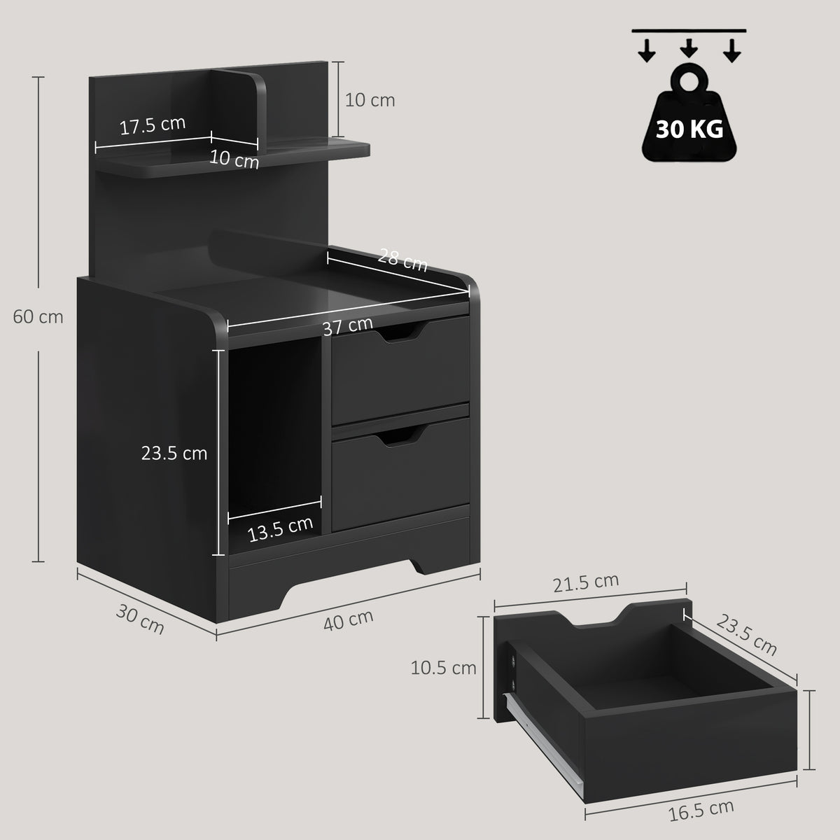 Modern Bedside Table with 2 Drawers and Open Shelves for Bedroom
