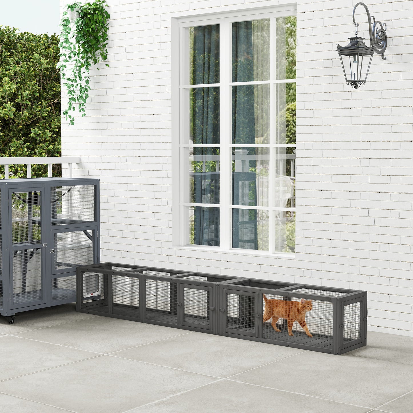 Cat Tunnel, 250cm Extra Long Wooden Cat Play Tunnel with Eight Doors