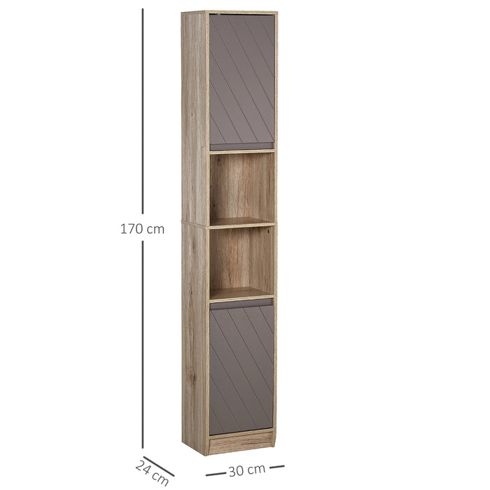 Tall Bathroom Cabinet, Freestanding Bathroom Storage Cabinet with 2 Cupboards 2 Compartments, Anti-Tipping Elevated Base, Grey and Oak Brown