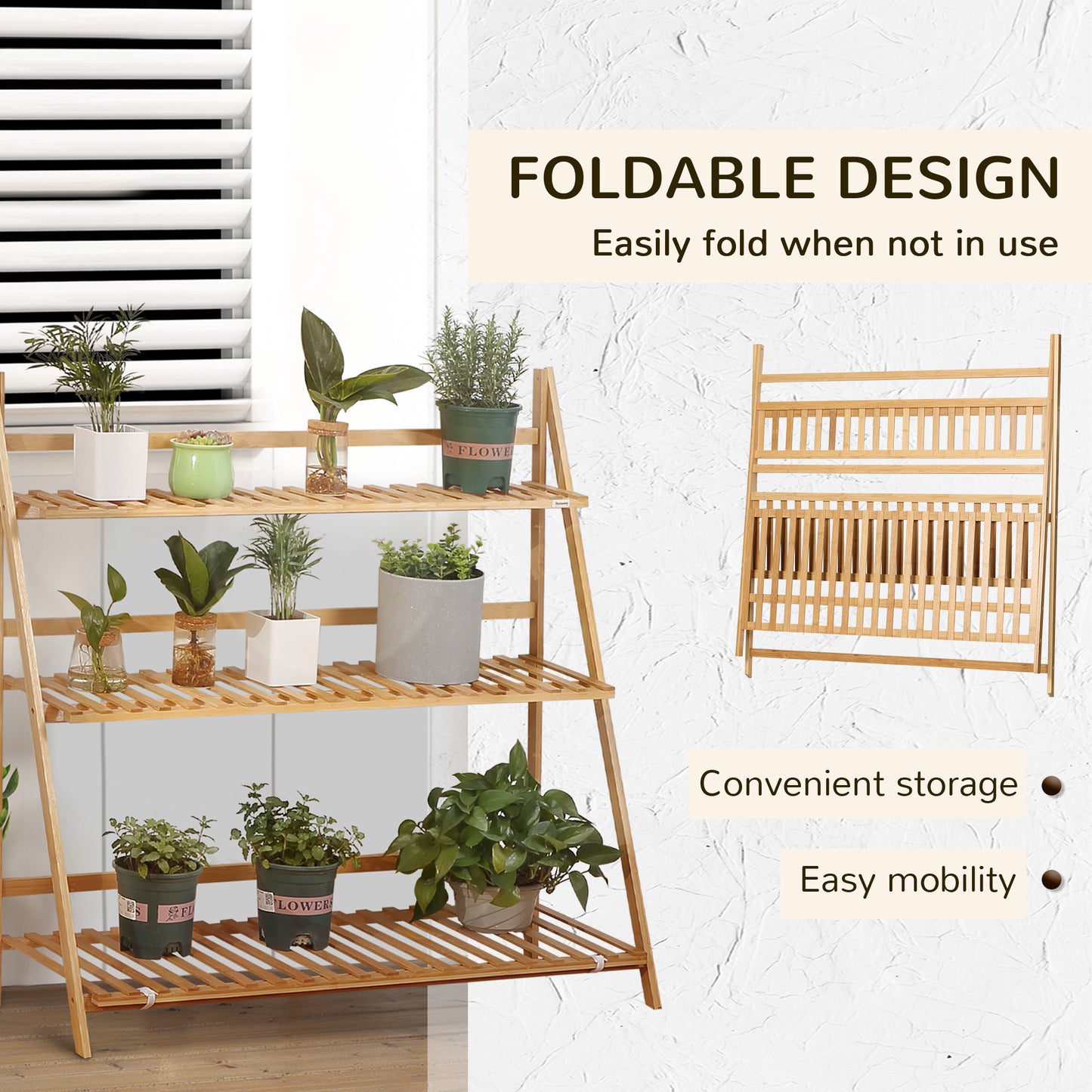 3-Tier Folding Bamboo Plant Stand Display Rack for Indoor & Outdoor