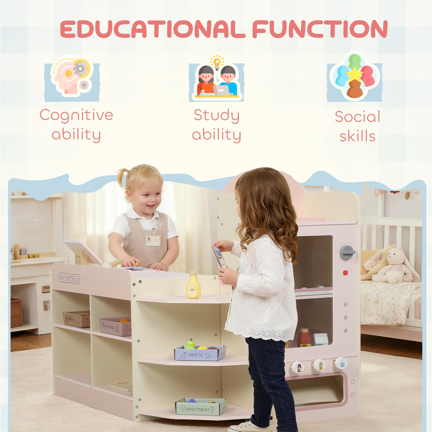 Kids Grocery Store, Pretend Play Shop with Cash Register, Pink