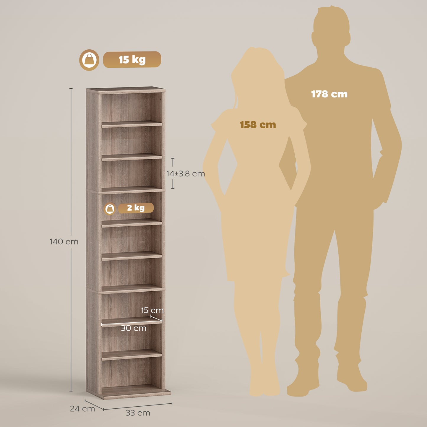 260 CD Storage Unit 120 DVD Storage Tower with 9 Compartments Natural