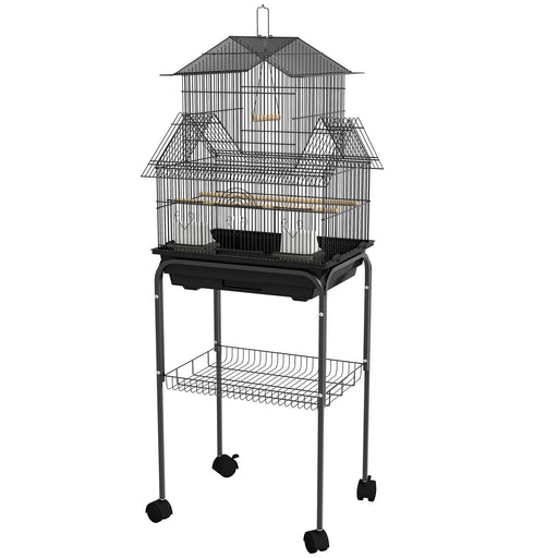 Metal Bird Cage with Plastic Swing Perch Food Container Tray Handle for Finch Canary Budgie 50.5 x 40 x 63cm Black