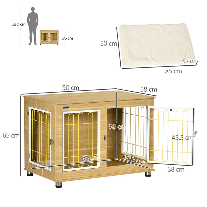 Dog Crate Furniture, Dog Cage End Table. with Soft Cushion, Double Door - Oak Tone