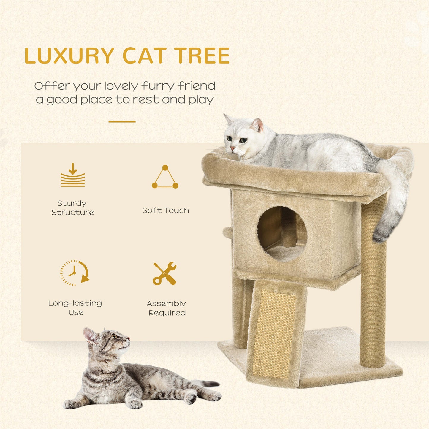 Cat Tree Activity Centre W/ Scratching Pad, Toy Ball, Cat House - Coffee
