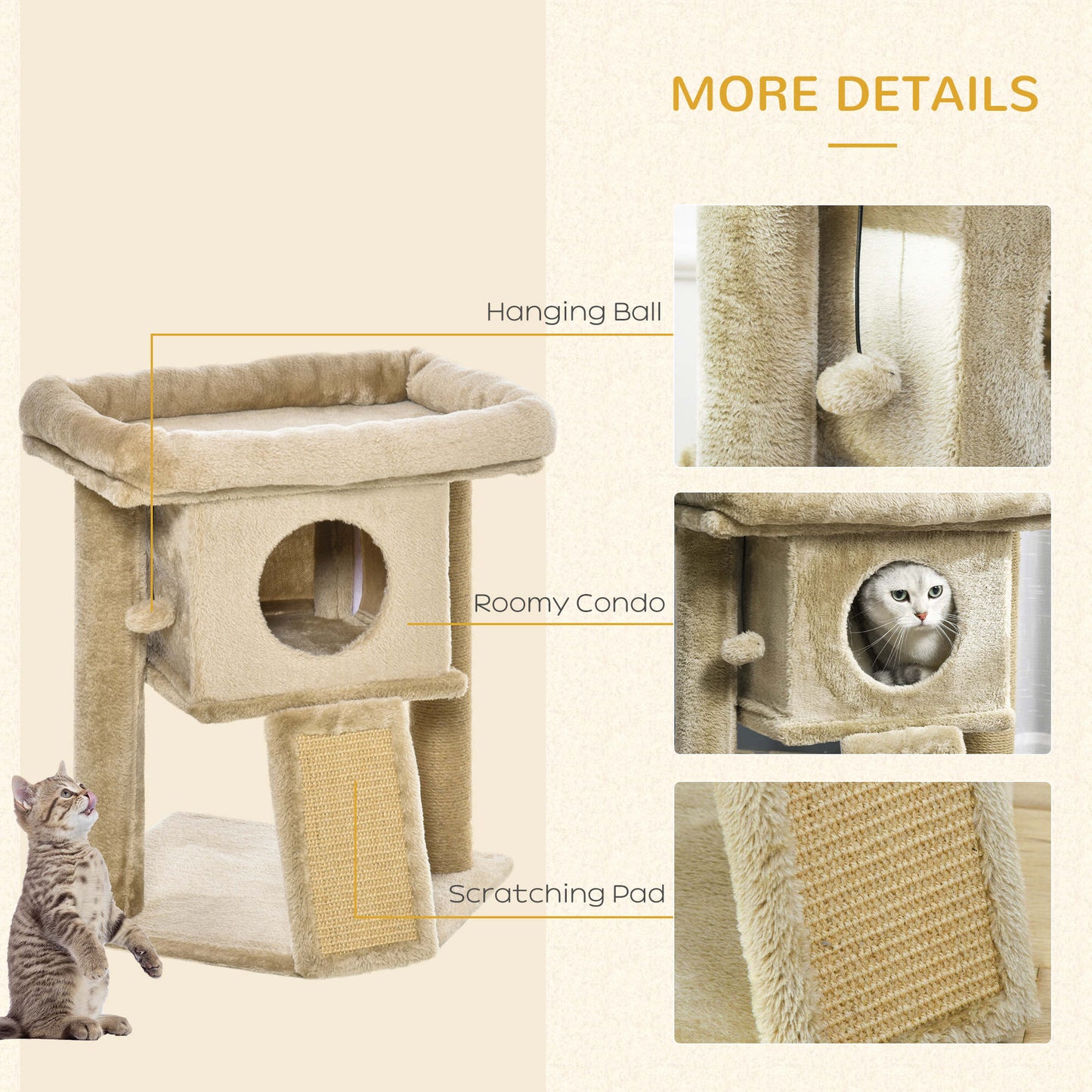 Cat Tree Activity Centre W/ Scratching Pad, Toy Ball, Cat House - Coffee