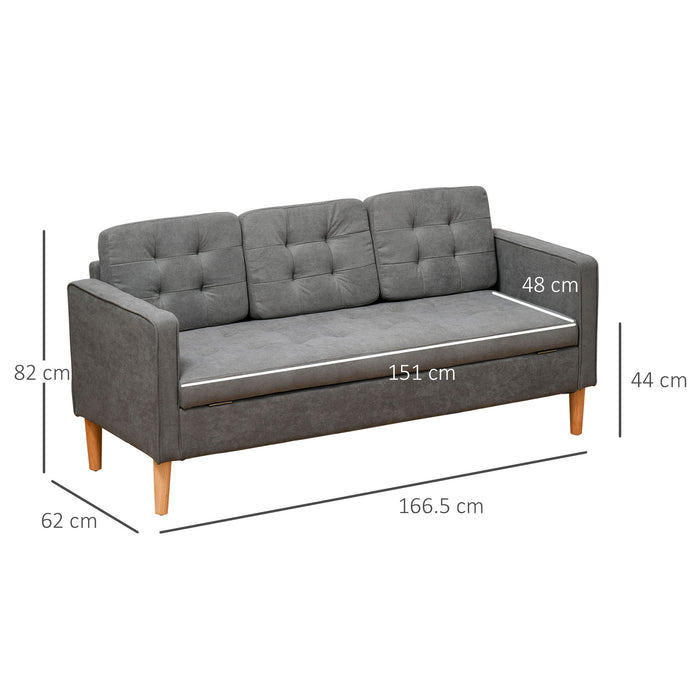 Modern 3-Seater Sofa Button-Tufted Fabric Couch with Hidden Storage Rubberwood Legs for Living Room, Grey