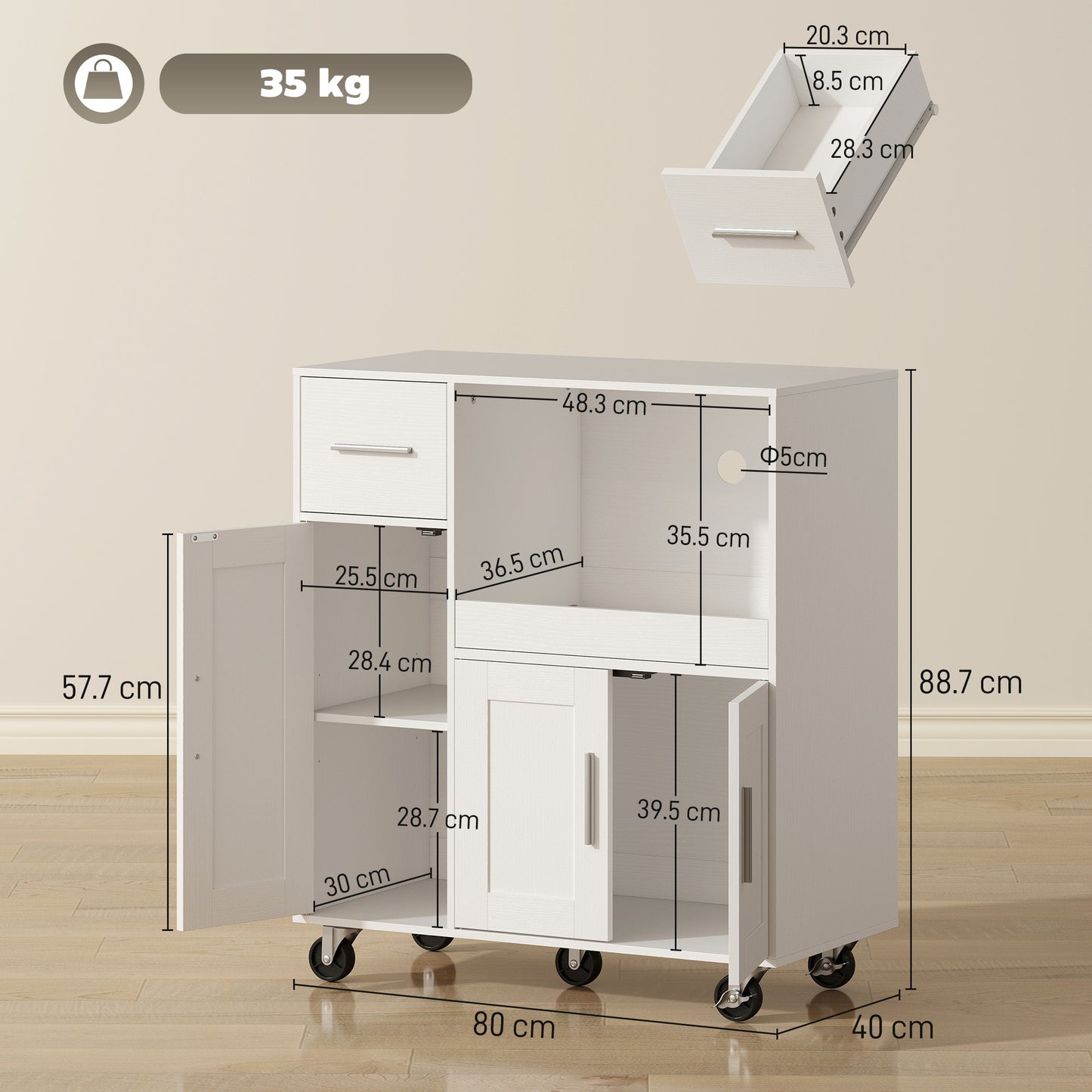 Rolling Kitchen Cart, Microwave Cabinet, Sliding Tray, Drawer, 3-Door Cupboards, Adjustable Shelf, Open Compartment, Kitchen Island, Dining Room, White