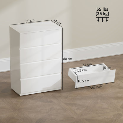 Bedroom Chest of Drawers, High Gloss 4 Drawers Dresser, White