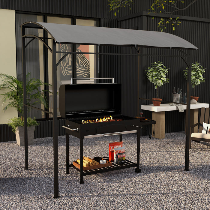 2.2 x 1.5 m BBQ Grill Gazebo Tent, Garden Grill with Metal Frame, Curved Canopy and 10 Hooks, Outdoor Sun Shade, Grey