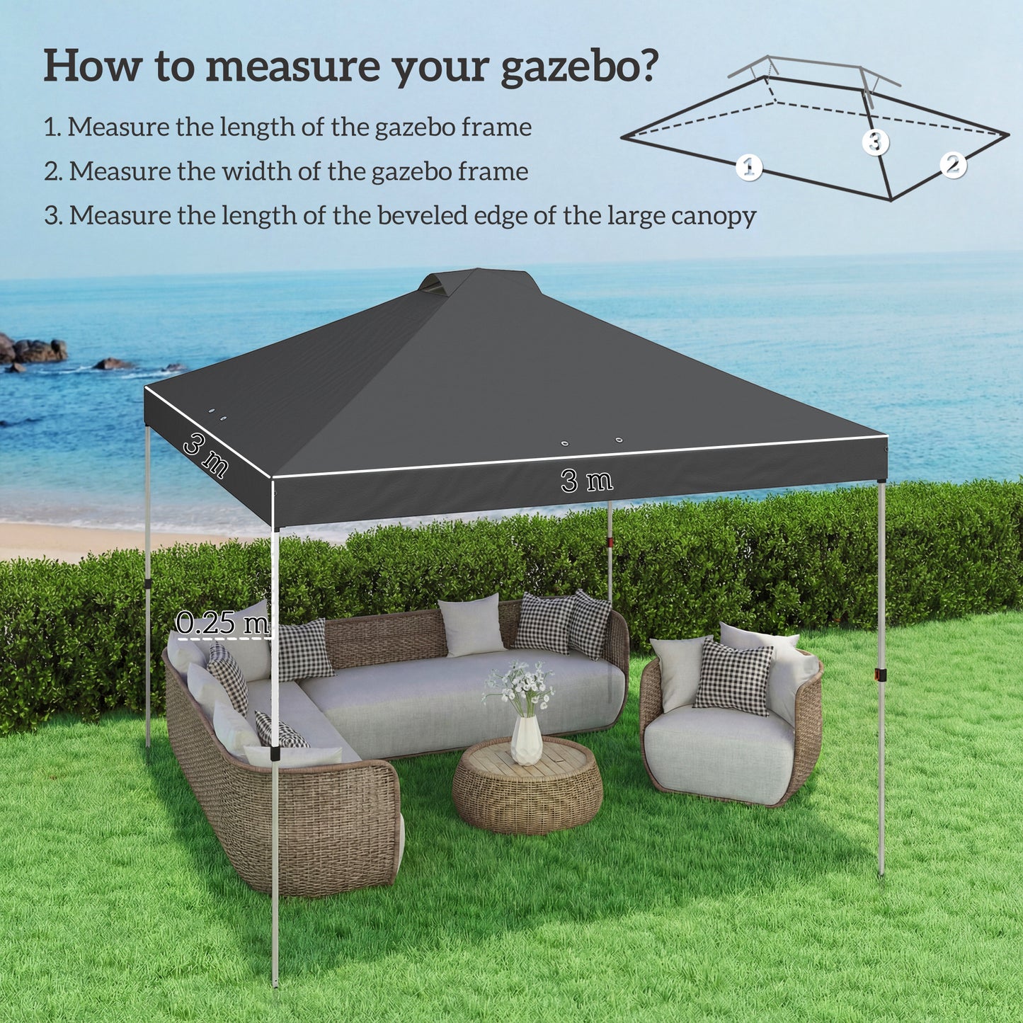 Gazebo Roof Replacement UV50+ Waterproof 3x3(m) Dark Grey