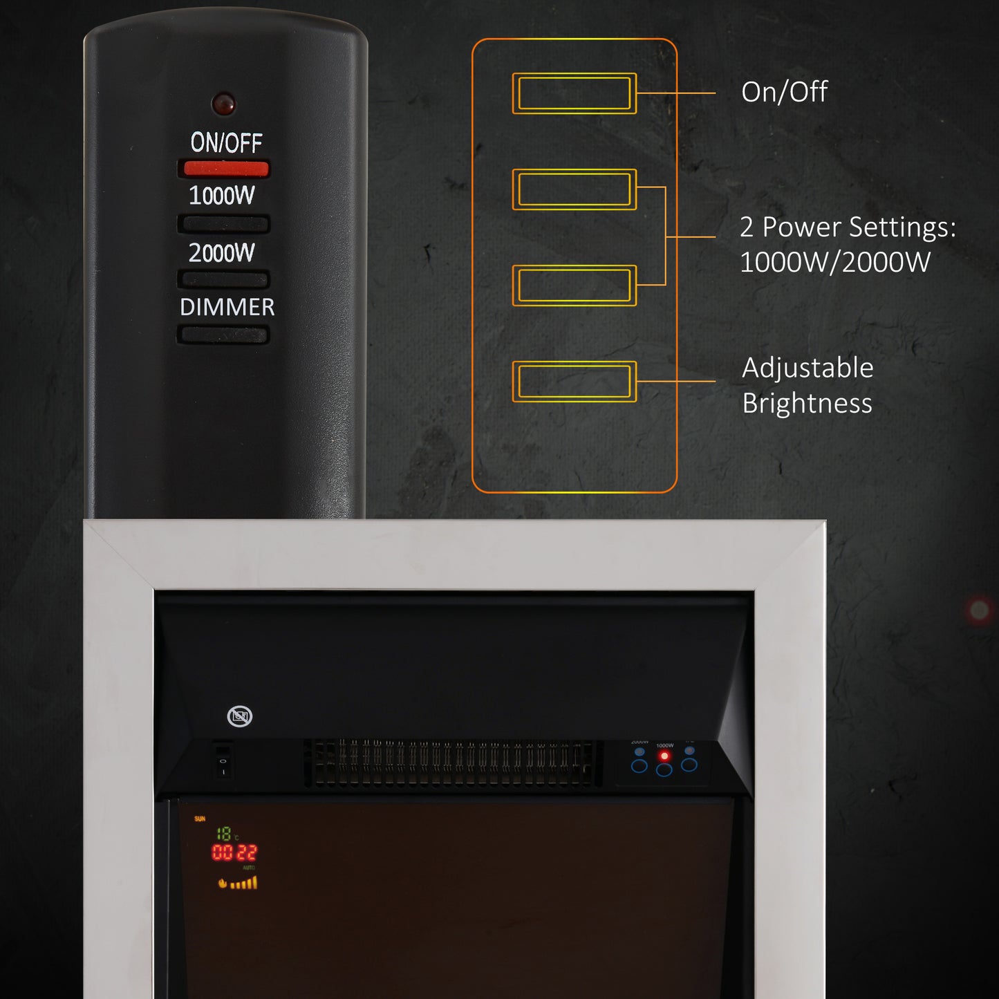 Electric Fireplace 1 & 2KW LED Fire Remote Control Heater Silver