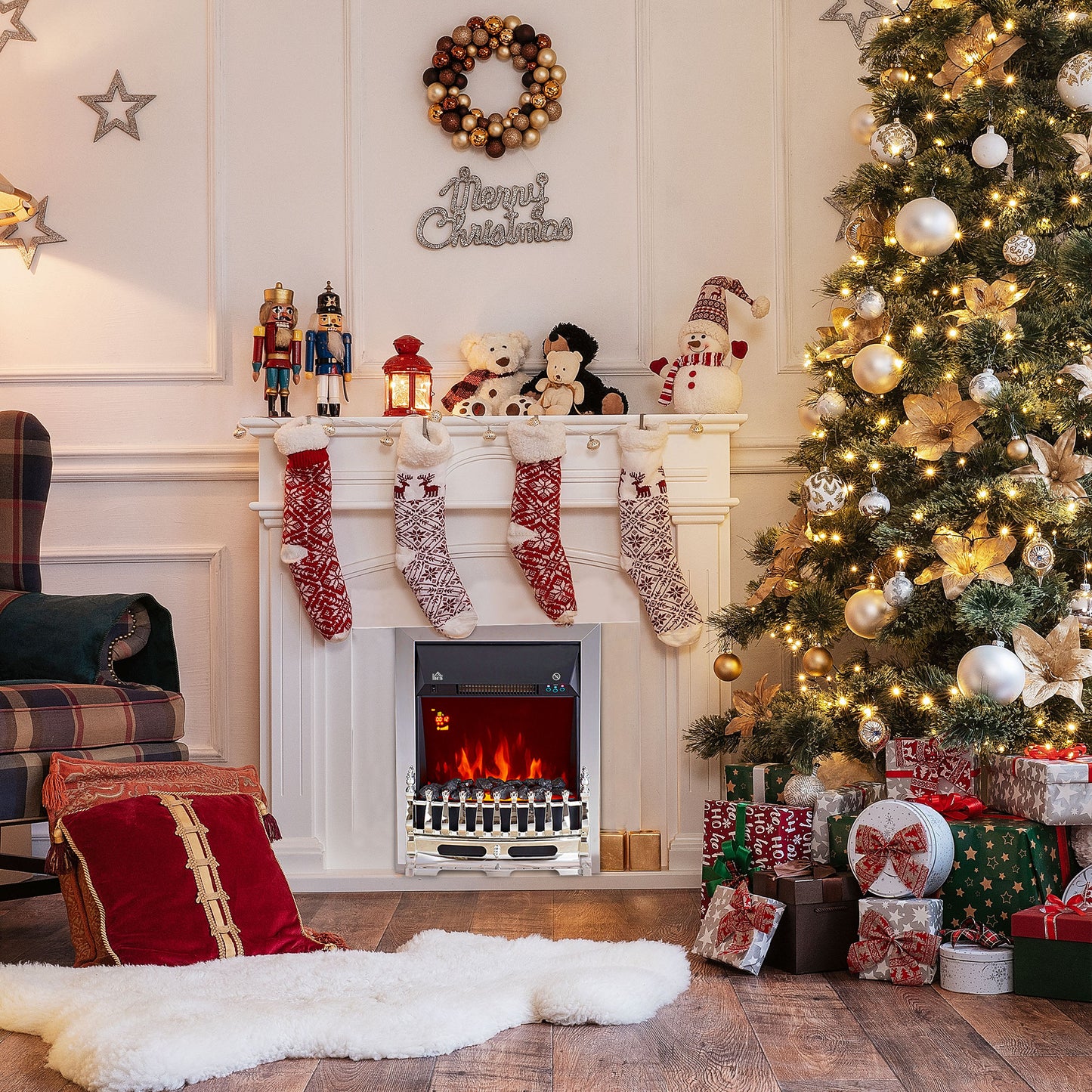 Electric Fireplace 1 & 2KW LED Fire Remote Control Heater Silver