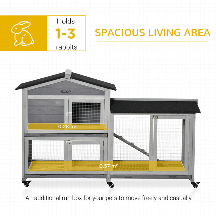 Two-Tier Rabbit Hutch and Run Wooden Mobile Guinea Pig Hutch Bunny Cage w/ Wheels, Run, Slide-Out Tray, Ramp 157.4 x 53 x 99.5 cm