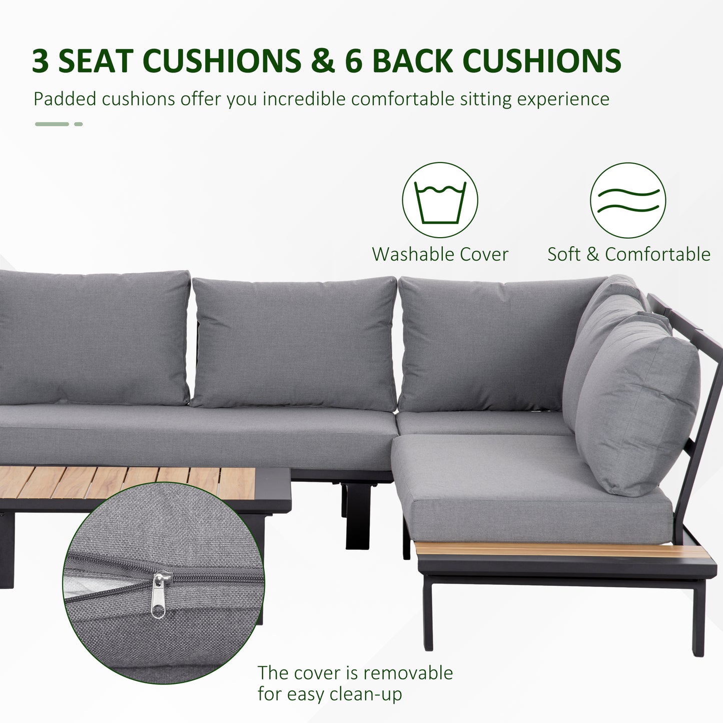 4 Pieces Aluminium Garden Furniture Set L Shape Sofa Set with Tables, Cushions for Indoor, Garden, Patio, Grey