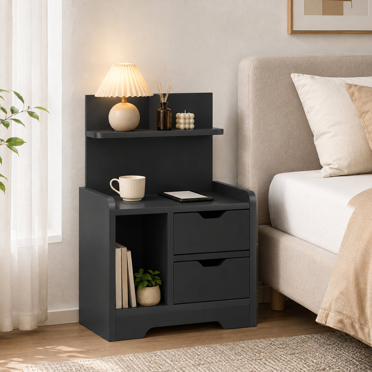 Modern Bedside Table with 2 Drawers and Open Shelves for Bedroom