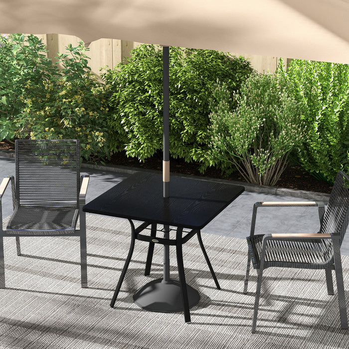 Steel Frame Garden Table with Metal Tabletop, Foot Pads, Umbrella Hole, Modern Design, for Balcony, Porch, Black