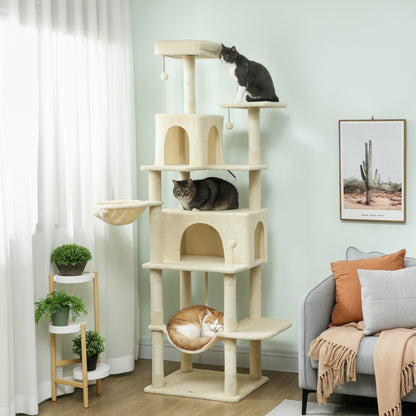 Cat Tree, 202cm Large Cat Tower for Indoor Kittens with 6 Scratching Posts, 2 Condos, 2 Perches, 2 Hammocks, Pompoms, Multi-Level Plush Kitty Activity Centre for Rest and Play, Beige
