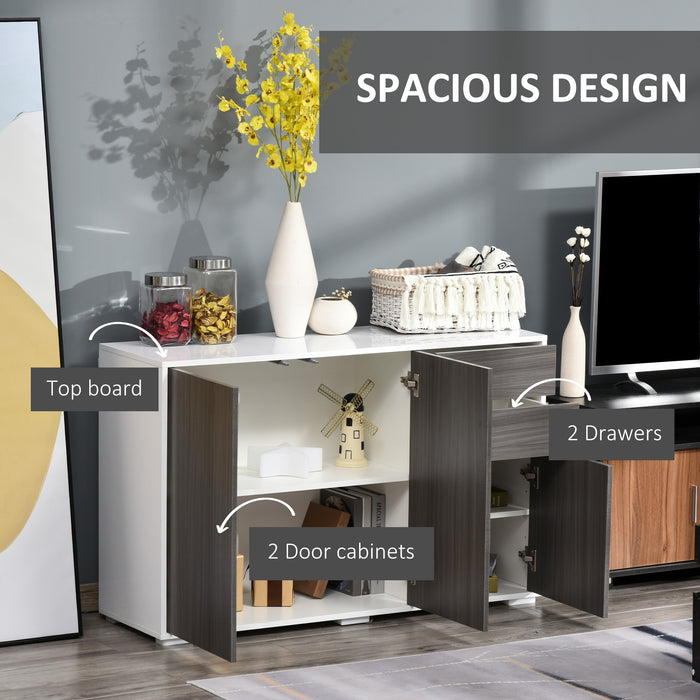 High Gloss Sideboard, Side Cabinet, Push-Open Design with 2 Drawer for Living Room, Bedroom, Grey and White