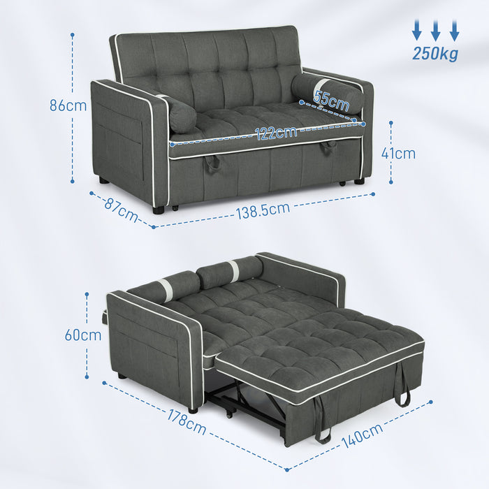 2 Seater Pull Out Sofa Bed with Adjustable Backrest, Charcoal Grey