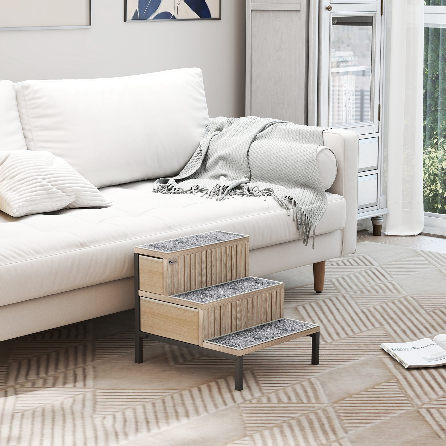 Dog Stairs with Storage, Dog Steps for Older Cats & Small Dogs, Oak