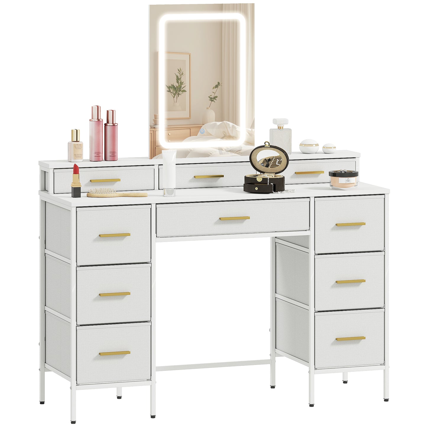 Dressing Table with LED Lighting Mirror and 10 Drawers, White