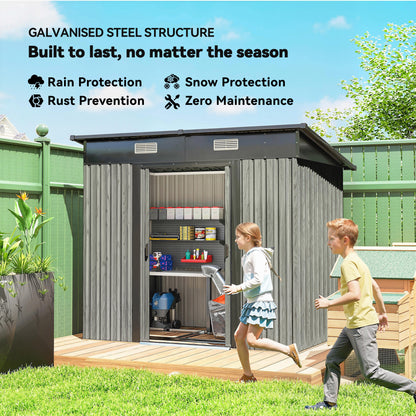 7 x 4ft Outdoor Storage Shed with Foundation Kit, Lean to Metal Garden Shed for Log, Rubbish Bin, Tool, Lawnmower, Bike, Patio Use, Light Grey Wood Effect