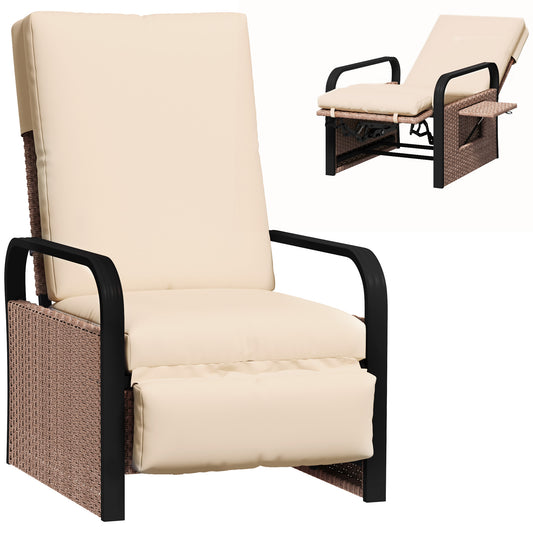 Rattan Garden Recliner Chair Sun Lounger w/ Side Tray, Brown/Khaki