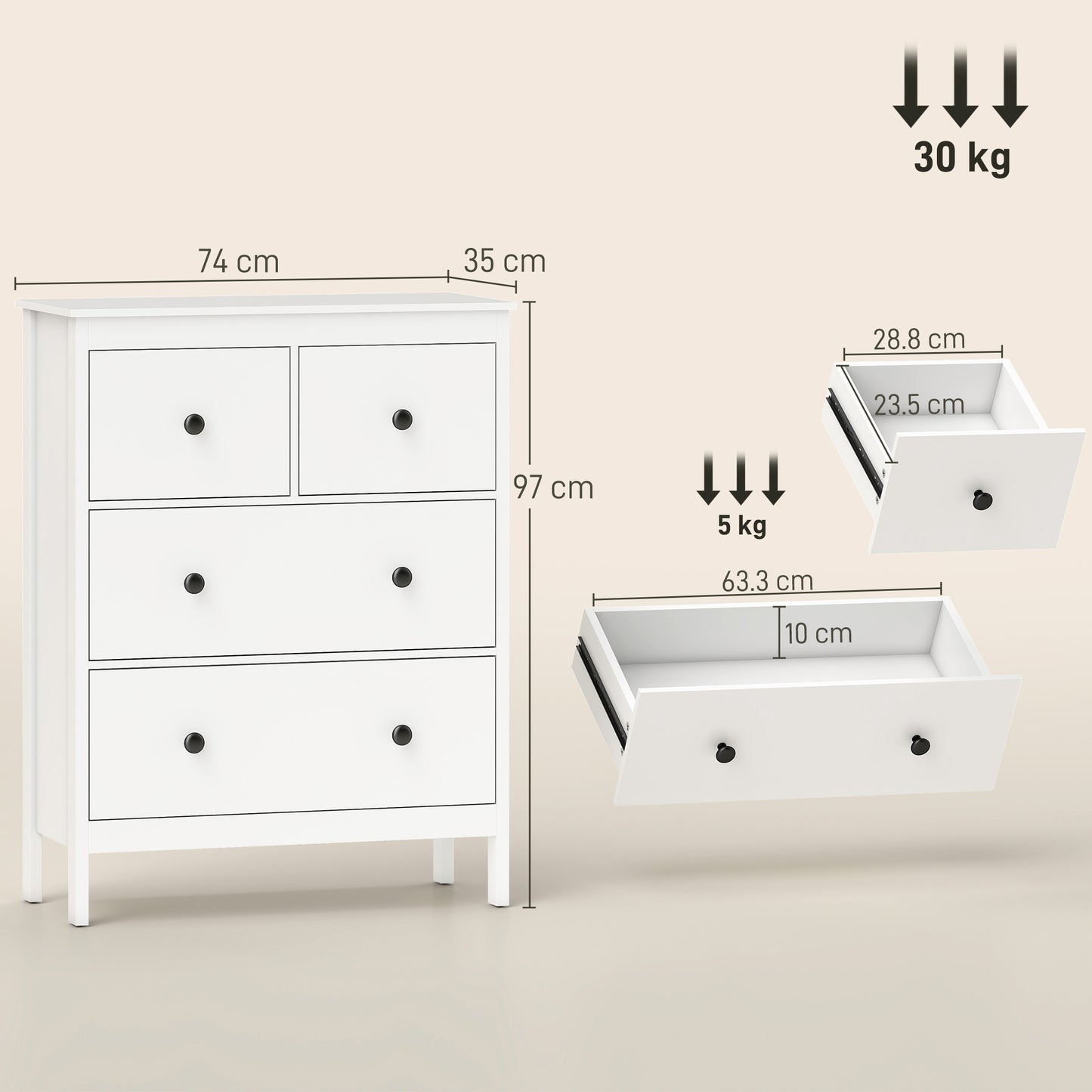 Modern Chest of Drawers, 4 Drawer Dresser for Bedroom, White