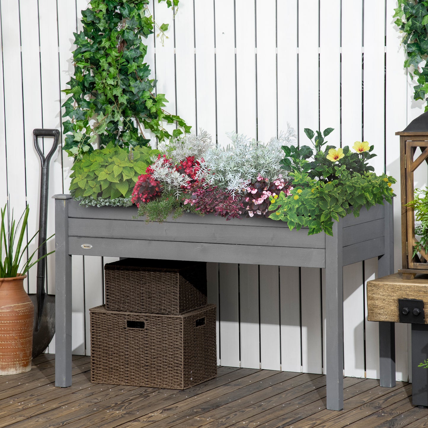 Garden Wooden Planter Flower Raised Bed, Dark Grey