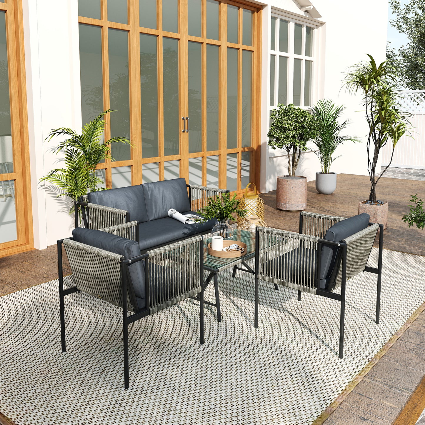 4 Seater Wicker Outdoor Furniture Set with Glass Coffee Table Grey