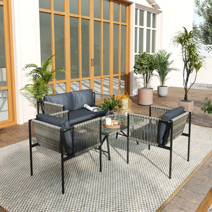 4 Seater Wicker Outdoor Furniture Set with Glass Coffee Table Grey