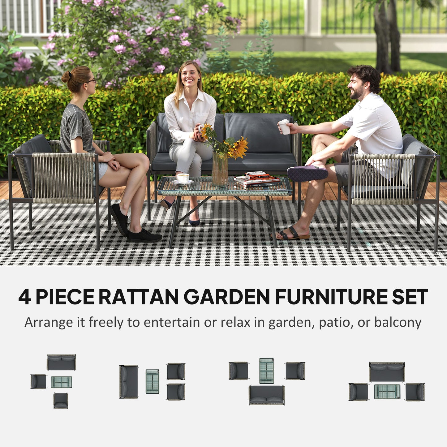 4 Seater Wicker Outdoor Furniture Set with Glass Coffee Table Grey