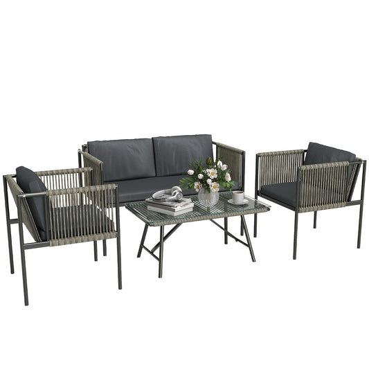 4 Seater Wicker Outdoor Furniture Set with Glass Coffee Table Grey