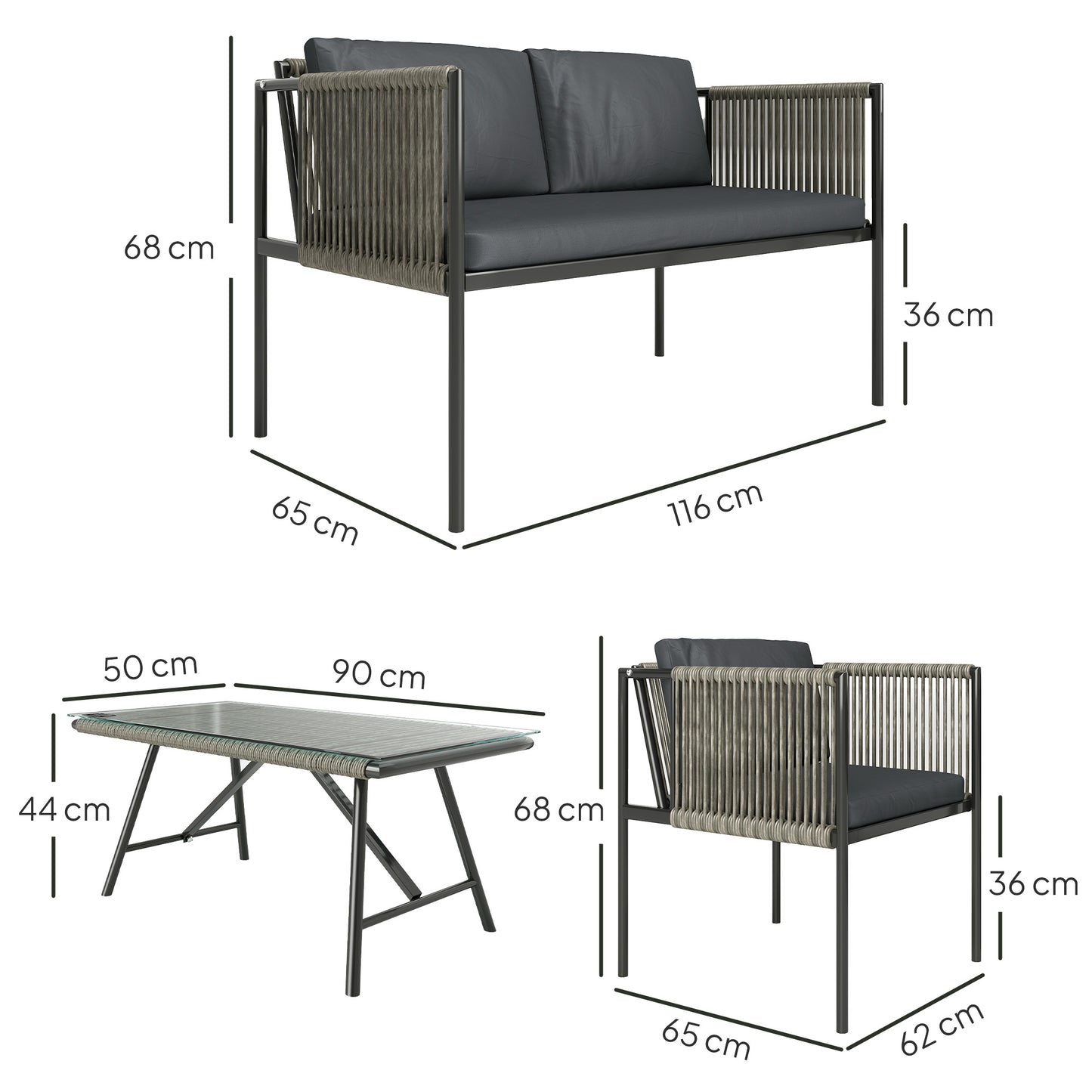 4 Seater Wicker Outdoor Furniture Set with Glass Coffee Table Grey