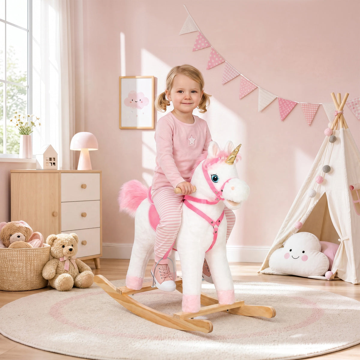 Plush Rocking Unicorn with Sounds and Moving Mouth and Tail - White