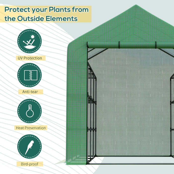 Poly Tunnel Steeple Walk in Garden Greenhouse with Removable Cover Shelves - Green 244 x 180 x 210cm