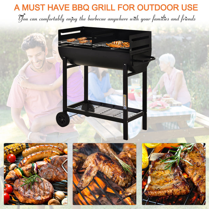 Charcoal Barbecue Grill Garden BBQ Trolley w/ Dual Grill, Adjustable Grill Nets, Heat-resistant Steel, Wheels, Black