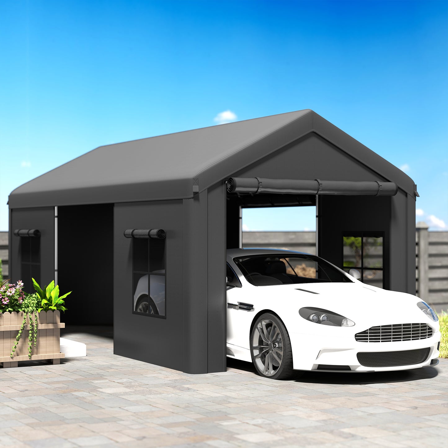 3 x 6 m Heavy Duty Carport, Outdoor Car Canopy Party Tent with Galvanised Frame, Roll-up Doors, Mesh Windows, Storage Shed Portable Garage for Car Truck Boat, Dark Grey