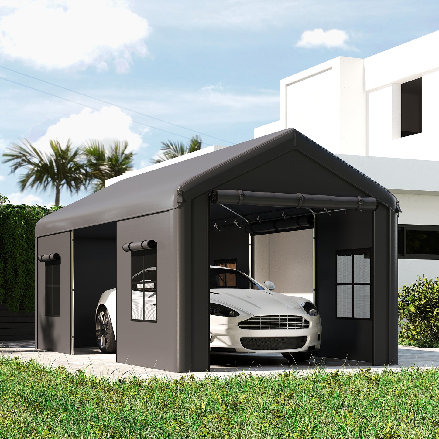 3 x 6 m Heavy Duty Carport, Outdoor Car Canopy Party Tent with Galvanised Frame, Roll-up Doors, Mesh Windows, Storage Shed Portable Garage for Car Truck Boat, Dark Grey