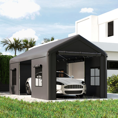 3 x 6 m Heavy Duty Carport, Outdoor Car Canopy Party Tent with Galvanised Frame, Roll-up Doors, Mesh Windows, Storage Shed Portable Garage for Car Truck Boat, Dark Grey